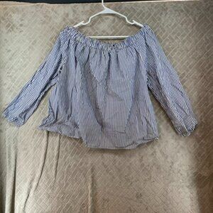 Gap Womens XL Top Blue Striped Ruched Off Shoulder 3/4 Sleeve Beach Coastal